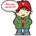 character from Dott07 Eco Design Challenge with speech bubble saying 'Are you up for it?'